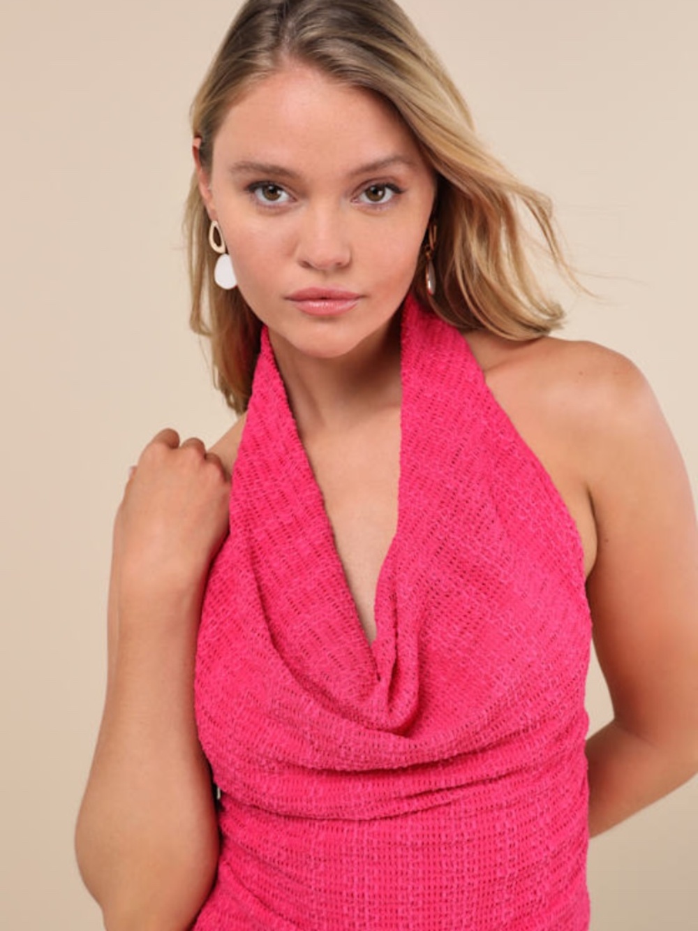 Lulus Cove Fuchsia Textured Cowl Halter Top Pink - Size M